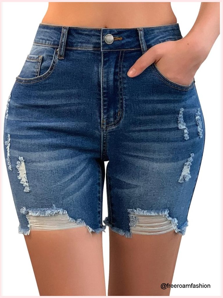 High Waisted Distressed Raw Hem Jean Shorts Stretch Denim